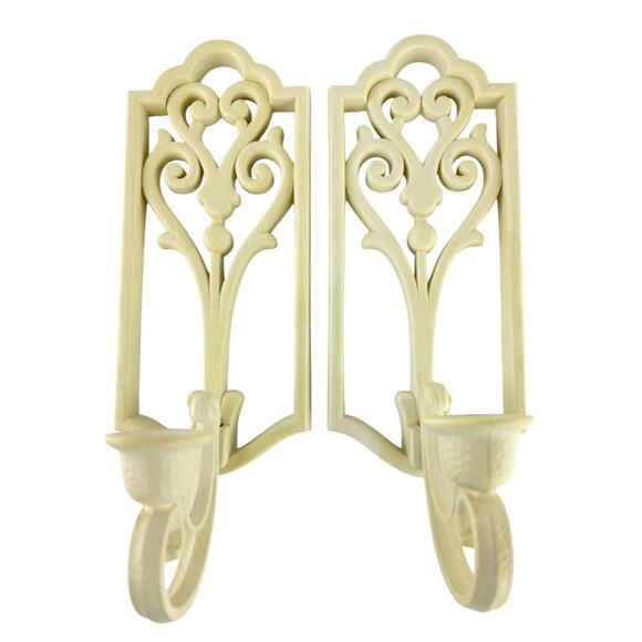 Vintage Homco Ivory Wall Sconces 1982 Plastic Candle Holders Scroll Decor 4229 - Picture 2 of 16